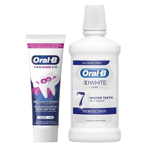 Płyn do płukania jamy ustnej ORAL-B 3D White Luxe Perfection 500 ml + Pasta do zębów ORAL-B Pro Junior 75 ml