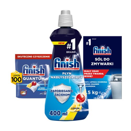 Kapsułki do zmywarek FINISH Powerball Quantum All in 1 Lemon - 100 szt. + Nabłyszczacz do zmywarek FINISH Shine Protect Cytrynowy - 400 ml + Sól do zmywarek FINISH - 1.5 kg