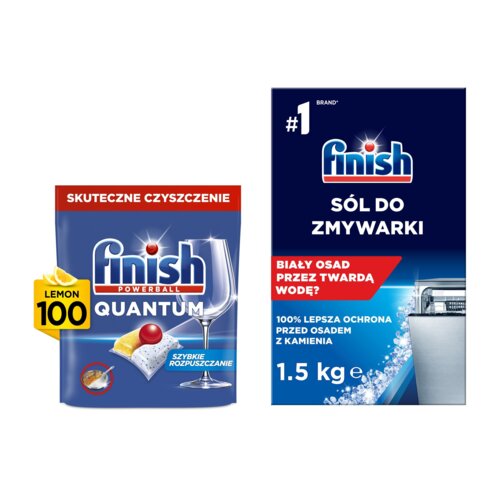 Kapsułki do zmywarek FINISH Powerball Quantum All in 1 Lemon - 100 szt. + Sól do zmywarek FINISH - 1.5 kg