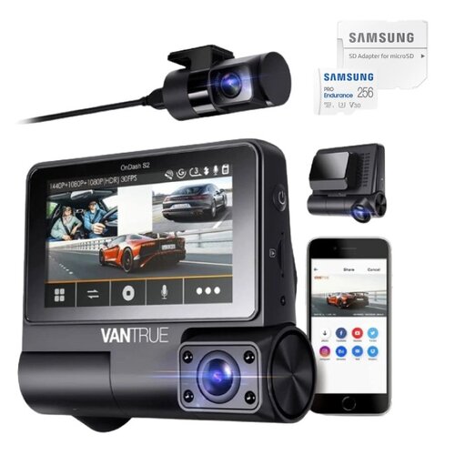 Wideorejestrator VANTRUE S2 3CH + Karta pamięci SAMSUNG Pro Endurance microSDXC 256GB + Adapter