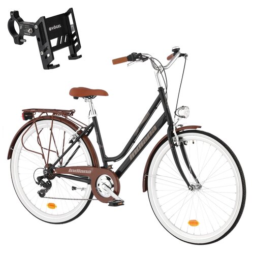 Rower miejski INDIANA Fortuna 7B 28 cali (rama 18 cali) damski 2023 Czarny + Uchwyt na telefon do roweru VÖGEL VUC601