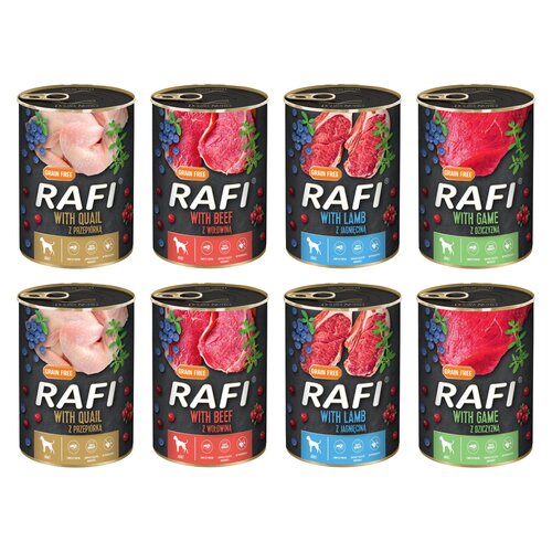 Karma dla psa RAFI Mix smaków z przepiórką, wołowiną, jagnięciną, dziczyzną, borówką i żurawiną 8 x 400 g