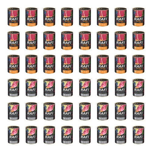 Karma dla psa RAFI Mix smaków z kaczką, borówką i żurawiną, żołądkami wołowymi, szynką wieprzową z borówką i żurawiną 48 x 400 g