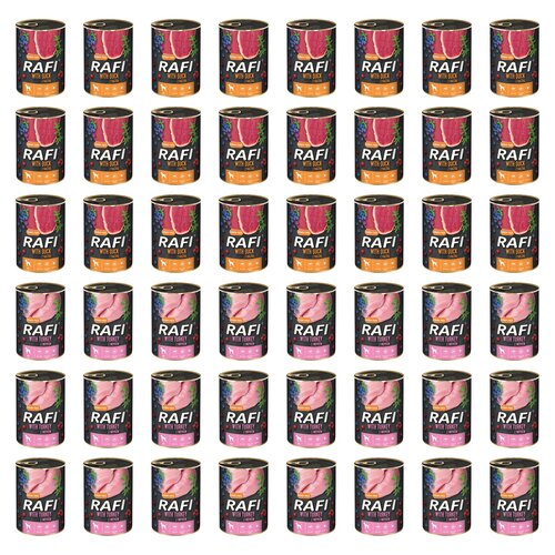 Karma dla psa RAFI Mix smaków z kaczką, borówką i żurawiną, indykiem, borówką i żurawiną 48 x 400 g