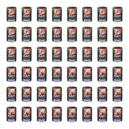 Karma dla psa RAFI Mix smaków z żołądkami wołowymi, szynką wieprzową z borówką i żurawiną, królikiem, borówką i żurawiną 48 x 400 g
