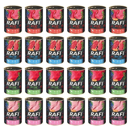 Karma dla psa RAFI Mix smaków z wołowiną, jagnięciną, dziczyzną, królikiem, borówką i żurawiną 24 x 400 g