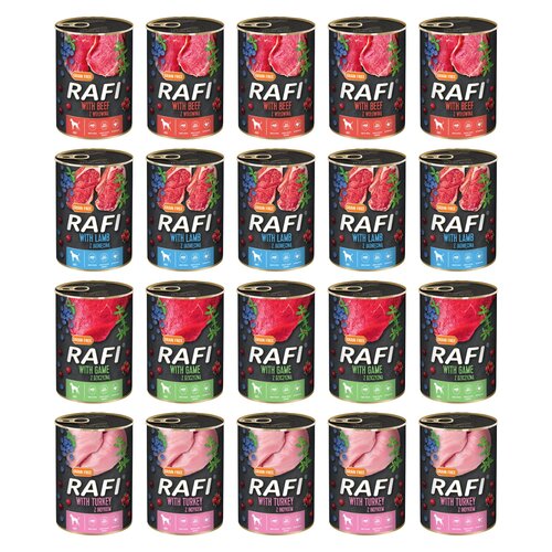 Karma dla psa RAFI Mix smaków z jagnięciną, wołowiną, dziczyzną, indykiem, borówką i żurawiną 20 x 400 g