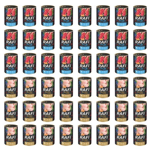Karma dla psa RAFI Mix smaków z jagnięciną, borówką i żurawiną, przepiórką, borówką i żurawiną 48 x 400 g