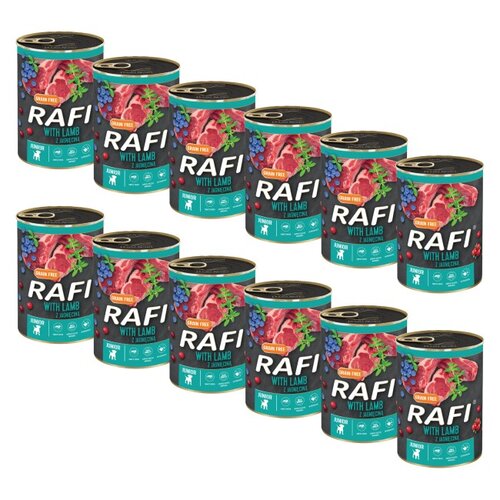 Karma dla psa RAFI Junior z jagnięciną, z borówką i żurawiną 12 x 400 g
