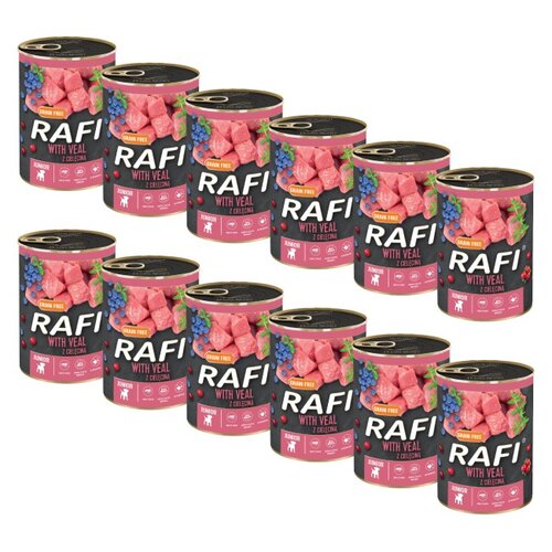 Karma dla psa RAFI Junior z cielęciną, żurawiną i borówką 12 x 400 g