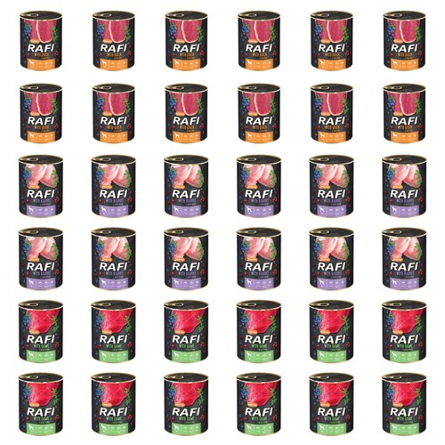 Karma dla psa RAFI Mix smaków z kaczką, królikiem, dziczyzną, borówką i żurawiną 36 x 800 g