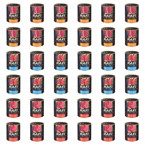 Karma dla psa RAFI Mix smaków z kaczką, jagnięciną, wołowiną, borówką i żurawiną 36 x 800 g