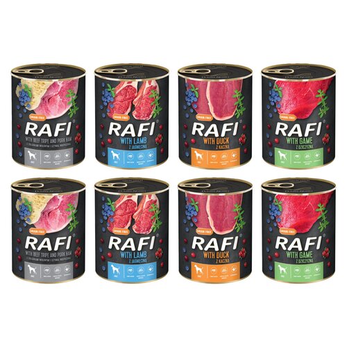 Karma dla psa RAFI Mix smaków z żołądkami wołowymi, szynką wieprzową, jagnięciną, kaczką, dziczyzną, borówką i żurawiną 8 x 800 g