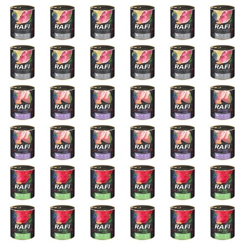 Karma dla psa RAFI Mix smaków z żołądkami wołowymi, szynką wieprzową, królikiem, dziczyzną, borówką i żurawiną 36 x 800 g