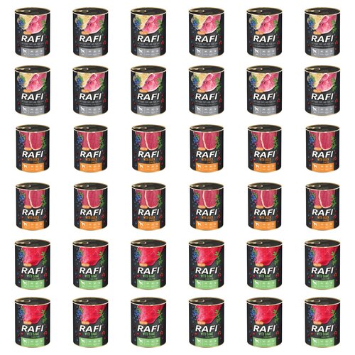 Karma dla psa RAFI Mix smaków z żołądkami wołowymi, szynką wieprzową, kaczką, dziczyzną, borówką i żurawiną 36 x 800 g