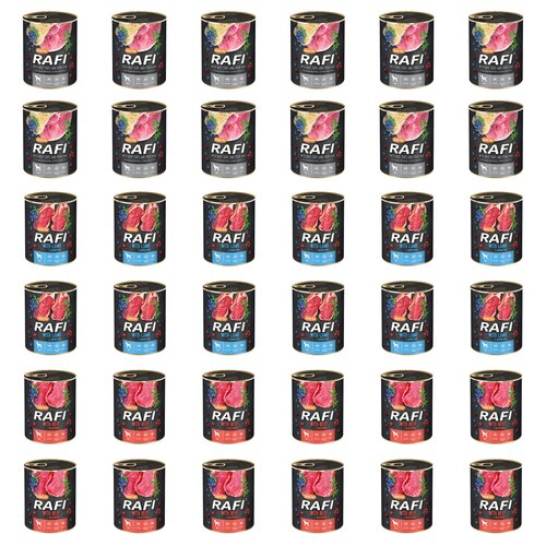 Karma dla psa RAFI Mix smaków z żołądkami wołowymi, szynką wieprzową, jagnięciną, wołowiną, borówką i żurawiną 36 x 800 g