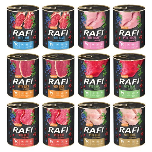 Karma dla psa RAFI Mix smaków z wołowiną, przepiórką, kaczką, jagnięciną, indykiem, dziczyzną, borówką i żurawiną 12 x 800 g