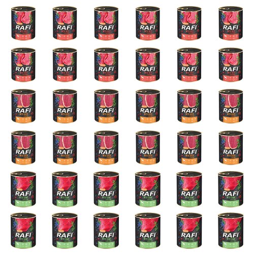 Karma dla psa RAFI Mix smaków z wołowiną, kaczką, dziczyzną, borówką i żurawiną 36 x 800 g