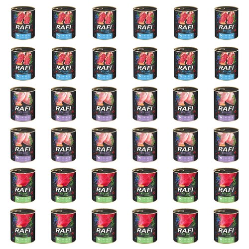 Karma dla psa RAFI Mix smaków z jagnięciną, królikiem, dziczyzną, borówką i żurawiną 36 x 800 g