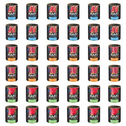 Karma dla psa RAFI Mix smaków z jagnięciną, kaczką, dziczyzną, borówką i żurawiną 36 x 800 g