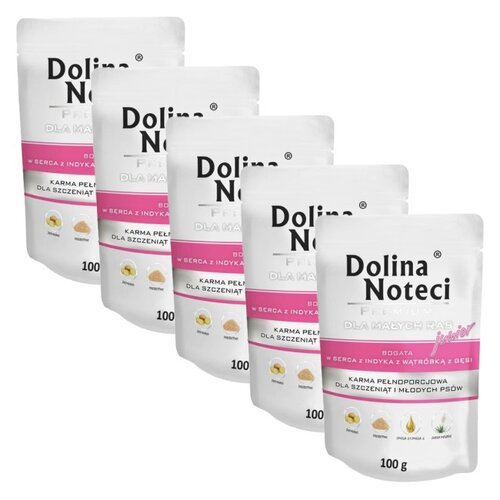 Karma dla psa DOLINA NOTECI Premium Junior bogata w serca z indyka z wątróbką z gęsi 5 x 100 g