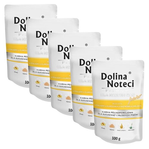Karma dla psa DOLINA NOTECI Premium Junior bogata w żołądki z kurczaka z wątróbką cielęcą  5 x 100 g