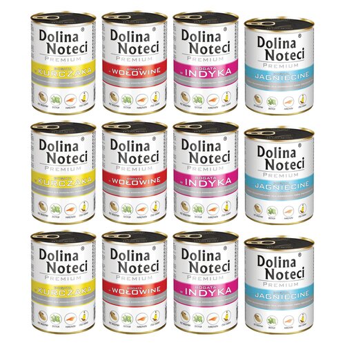 Mix smaków karm dla psa DOLINA NOTECI Premium bogata w kurczaka, wołowinę, indyka, jagnięcinę 12 x 400 g