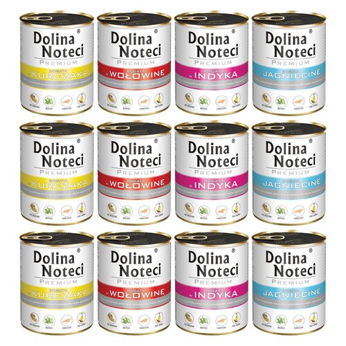 Mix smaków karm dla psa DOLINA NOTECI Premium bogata w kurczaka, wołowinę, indyka, jagnięcinę 12 x 800 g