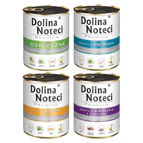 Mix smaków karm dla psa DOLINA NOTECI Premium bogata w dziczyznę, pstrąga, kaczkę z dynią, królika z żurawiną 4 x 800 g