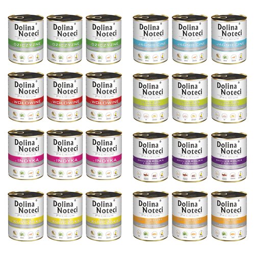 Mix smaków karm dla psa DOLINA NOTECI Premium bogata w jagnięcinę, dziczyznę, indyka, kurczaka, wołowinę, gęś z ziemniakami, królika z żurawiną, kaczkę z dynią 24 x 800 g