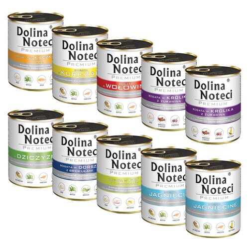 Mix smaków karm dla psa DOLINA NOTECI Premium bogata w kaczkę z dynią, kurczaka, królika z żurawiną (2 szt.), wołowinę, dziczyznę, jagnięcinę (2 szt.), dorsza z brokułami, gęś z ziemniakami  10 x 800 g
