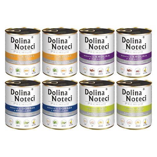 Mix smaków karm dla psa DOLINA NOTECI Premium bogata w dorsza z brokułami, gęś z ziemniakami, królika z żurawiną, kaczkę z dynią 8 x 800 g