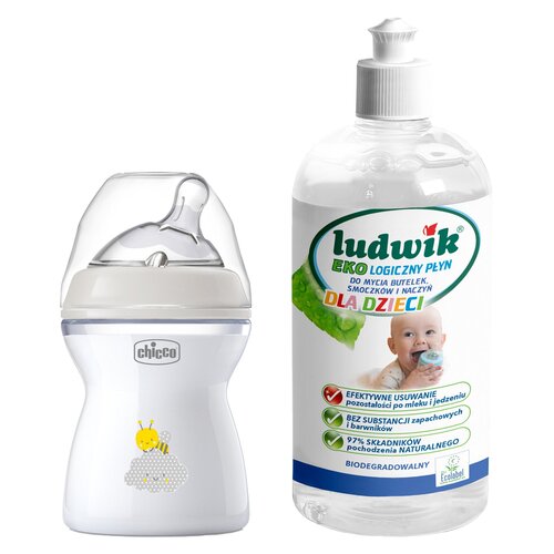 Butelka CHICCO NaturalFeeling 250 ml Szary + Płyn do mycia butelek i smoczków LUDWIK CG1010102ZEKL0121 475 ml