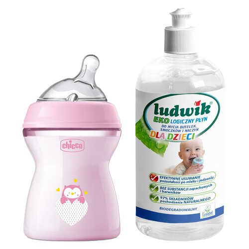 Butelka CHICCO NaturalFeeling 250 ml Różowy + Płyn do mycia butelek i smoczków LUDWIK CG1010102ZEKL0121 475 ml