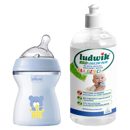 Butelka CHICCO NaturalFeeling 250 ml Niebieski + Płyn do mycia butelek i smoczków LUDWIK CG1010102ZEKL0121 475 ml