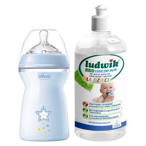 Butelka CHICCO NaturalFeeling 330 ml Niebieski + Płyn do mycia butelek i smoczków LUDWIK CG1010102ZEKL0121 475 ml