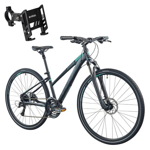 Rower crossowy INDIANA X-Cross 3.0 D15 damski Czarno-turkusowy + Uchwyt na telefon do roweru VÖGEL VUC601