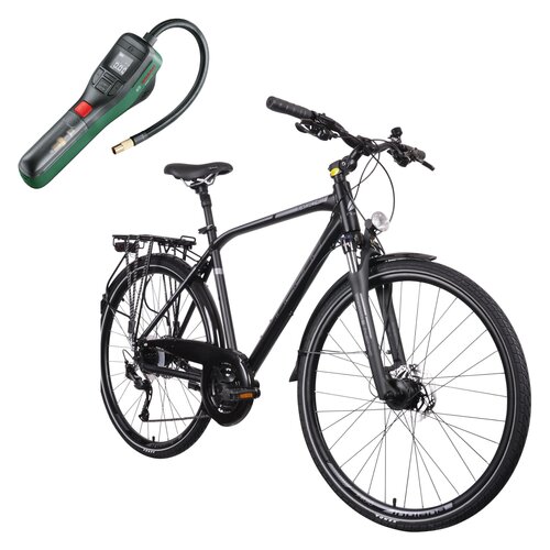 Rower trekkingowy INDIANA X-Road 4.0 M23 28 cali Shimano Tourney męski Czarno-szary + Pompka rowerowa BOSCH EasyPump 0603947000