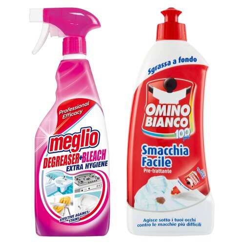 Płyn odtłuszczająco-wybielający MEGLIO 750 ml + Odplamiacz OMINO BIANCO Smacchia Facile 500 ml
