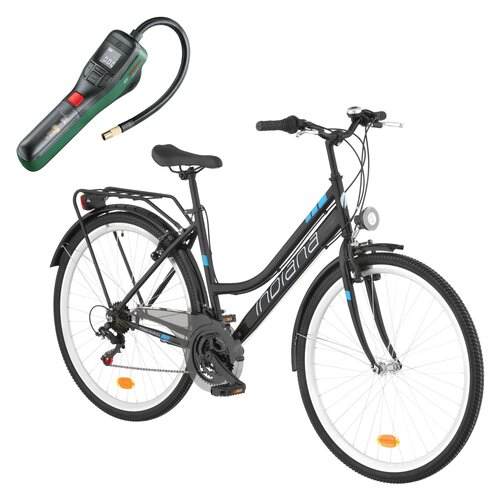 Rower miejski INDIANA Trekker 21B 28 cali damski Czarno-niebieski + Pompka rowerowa BOSCH EasyPump 0603947000