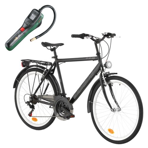 Rower miejski INDIANA Trekker 21B 26 cali męski Czarny + Pompka rowerowa BOSCH EasyPump 0603947000