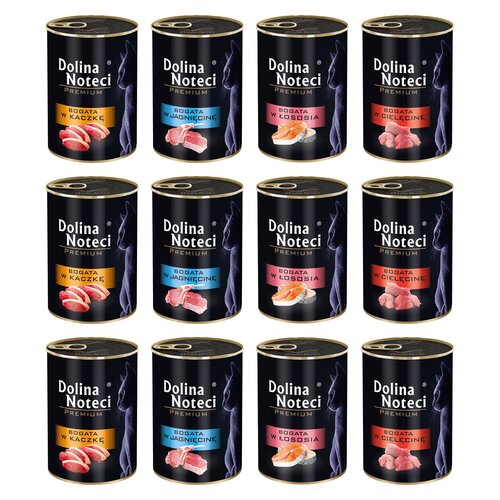 Karma dla kota DOLINA NOTECI Mix smaków Premium z kaczką, jagnięciną, łososiem, cielęciną 12 x 400 g