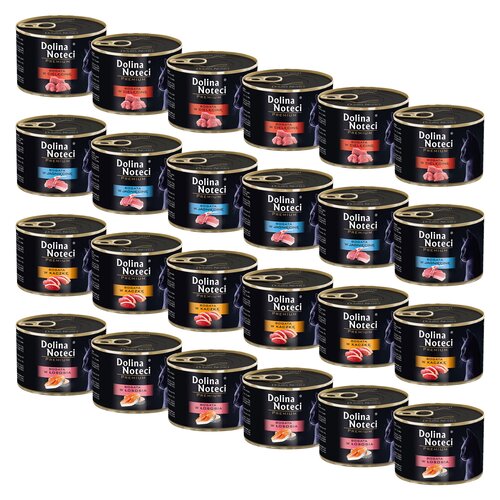 Karma dla kota DOLINA NOTECI Mix smaków Premium z cielęciną, jagnięciną, kaczką, łososiem 24 x 185 g