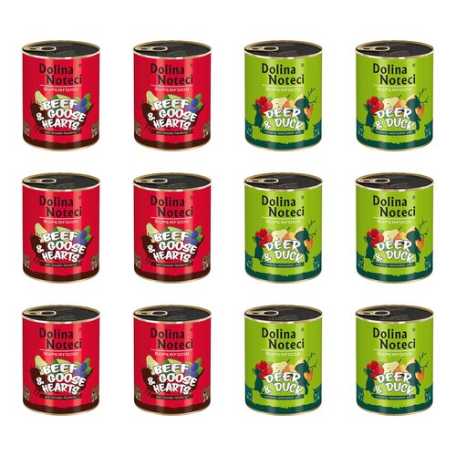 Karma dla psa DOLINA NOTECI Mix smaków Superfood z wołowiną i sercami gęsi, jeleniem i kaczką 12 x 800 g