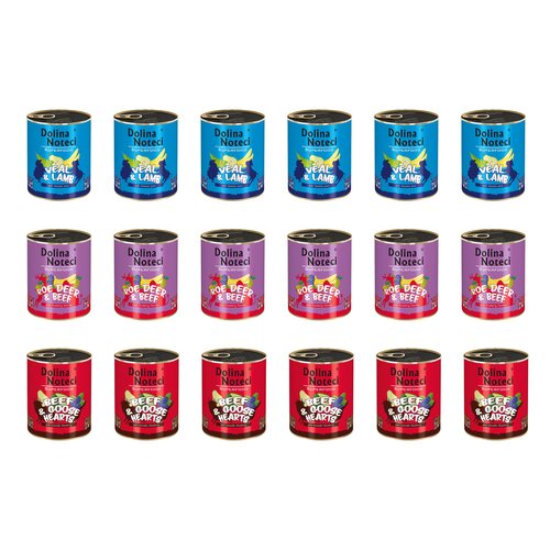 Karma dla psa DOLINA NOTECI Mix smaków Superfood z cielęciną i jagnięciną, sarną i wołowiną, wołowiną i sercami gęsi 18 x 800 g