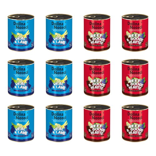 Karma dla psa DOLINA NOTECI Mix smaków Superfood z cielęciną i jagnięciną, wołowiną i sercami gęsi 12 x 800 g