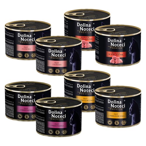 Mix smaków karm dla kota DOLINA NOTECI Premium z filetem z piersi kurczaka w sosie, z filetem z piersi indyka w sosie, z filetem z łososia w sosie, z cielęciną 8 x 185 g