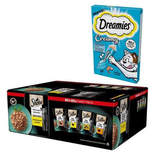 Karma dla kota SHEBA Drobiowe smaki (80 x 85 g) + Przysmak dla kota DREAMIES Creamy Łosoś (4 x 10 g)