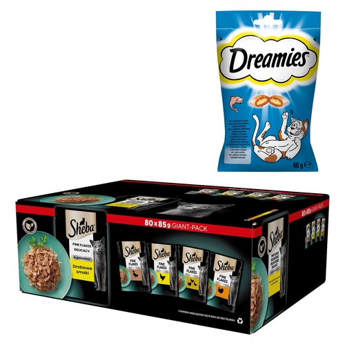Karma dla kota SHEBA Drobiowe smaki (80 x 85 g) + Przysmak dla kota DREAMIES Łosoś 60 g
