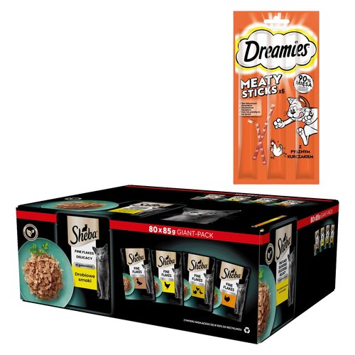 Karma dla kota SHEBA Drobiowe smaki (80 x 85 g) + Przysmak dla kota DREAMIES Meaty Sticks Kurczak 30 g